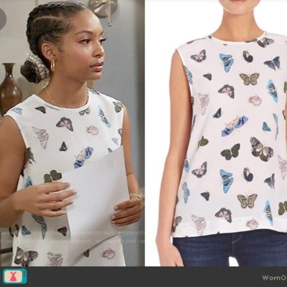 SOLD-Equipment Kyle Butterfly Print Top Sleeveless Blouse White Silk Sz L - Picture 2 of 10